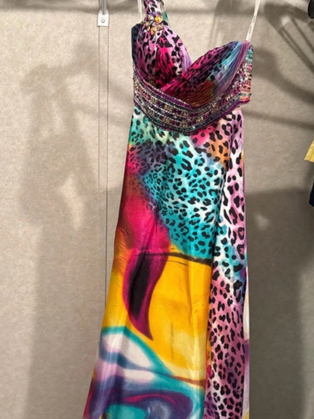 Tony Bowls Rainbow Animal-Print Beaded Prom Dress